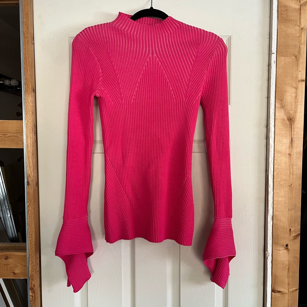 Acler Pink Knit Mock Neck Flare Sleeve Sweater | 4